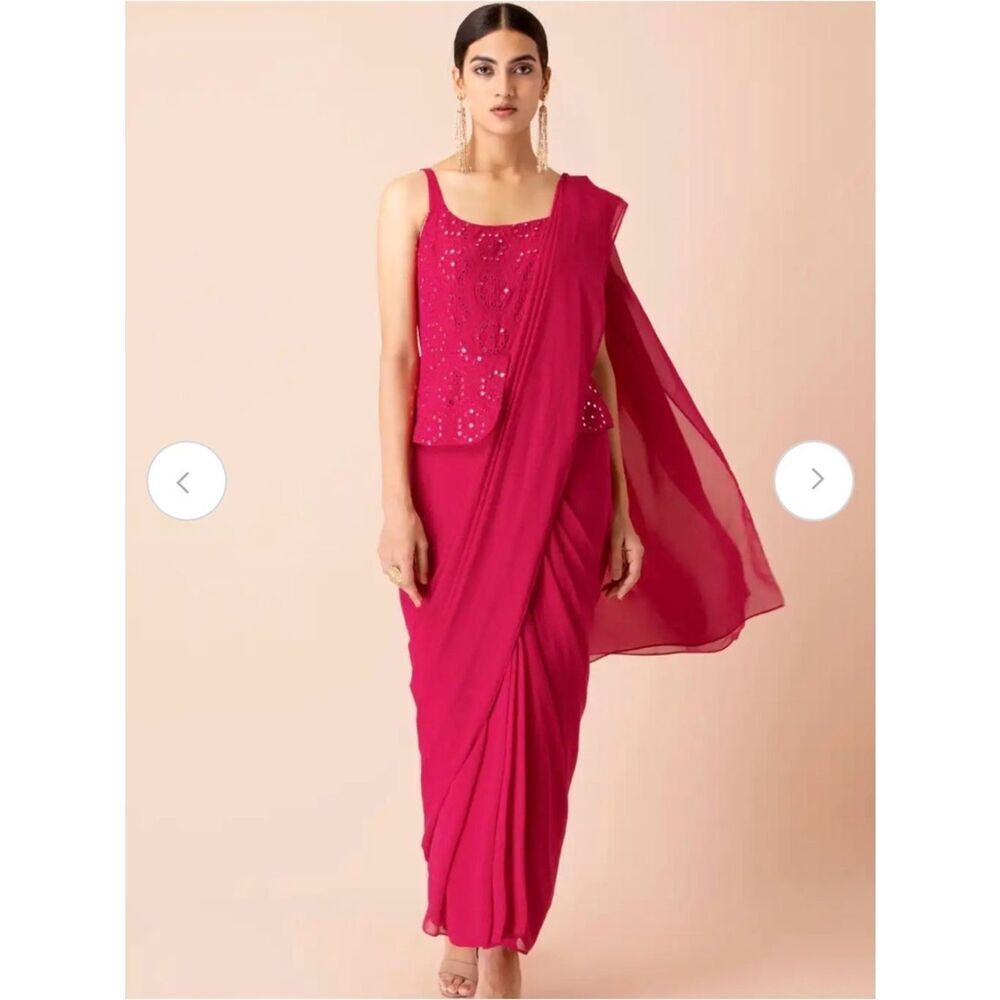 Fuchsia peplum mirror work embroidered saree NWT HOUSE OF INDYA